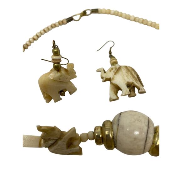 Carved Elephant Pendant Vintage Bovine Bone Bead Necklaces Lot, Used - Picture 5 of 8